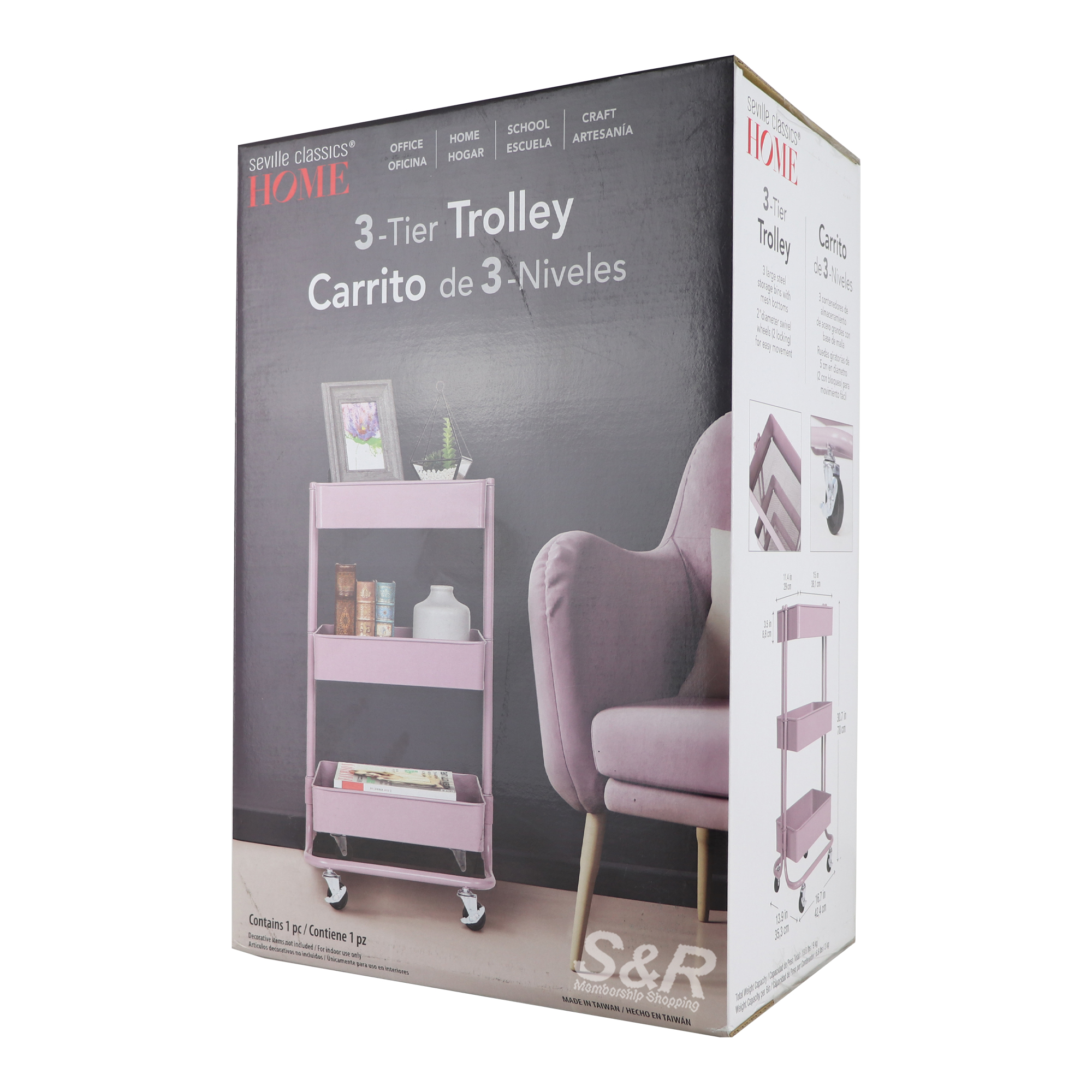 Seville Classics Home 3-Tier Trolley Pastel Pink